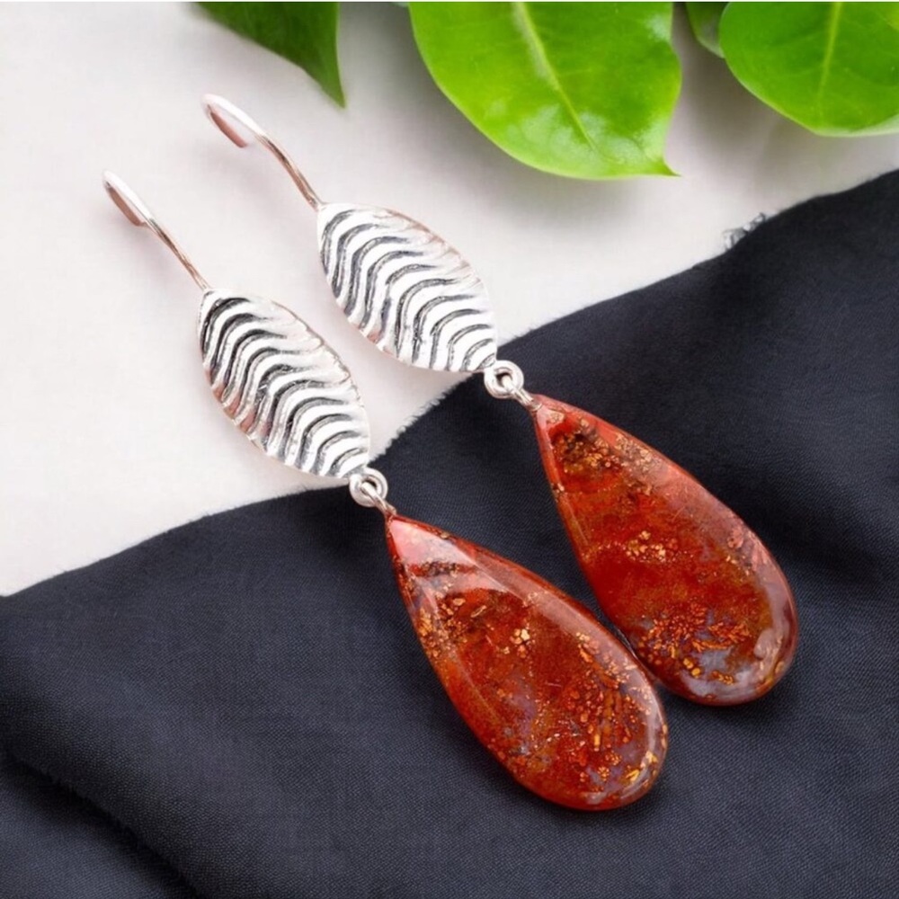 Red Moss Agate Sterling 925 Silver Drop Earrings